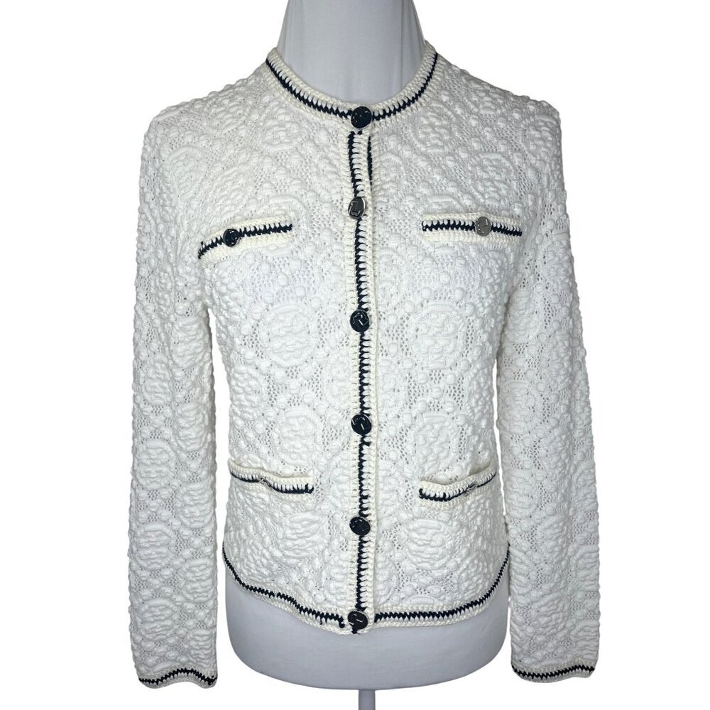 Tory Burch Kendra Logo Lace Cardigan Size Xs White And Black Colors
